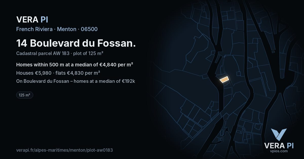 14 Boulevard du Fossan, Menton at night – the plot lit, the parcels around coloured by the prices near them