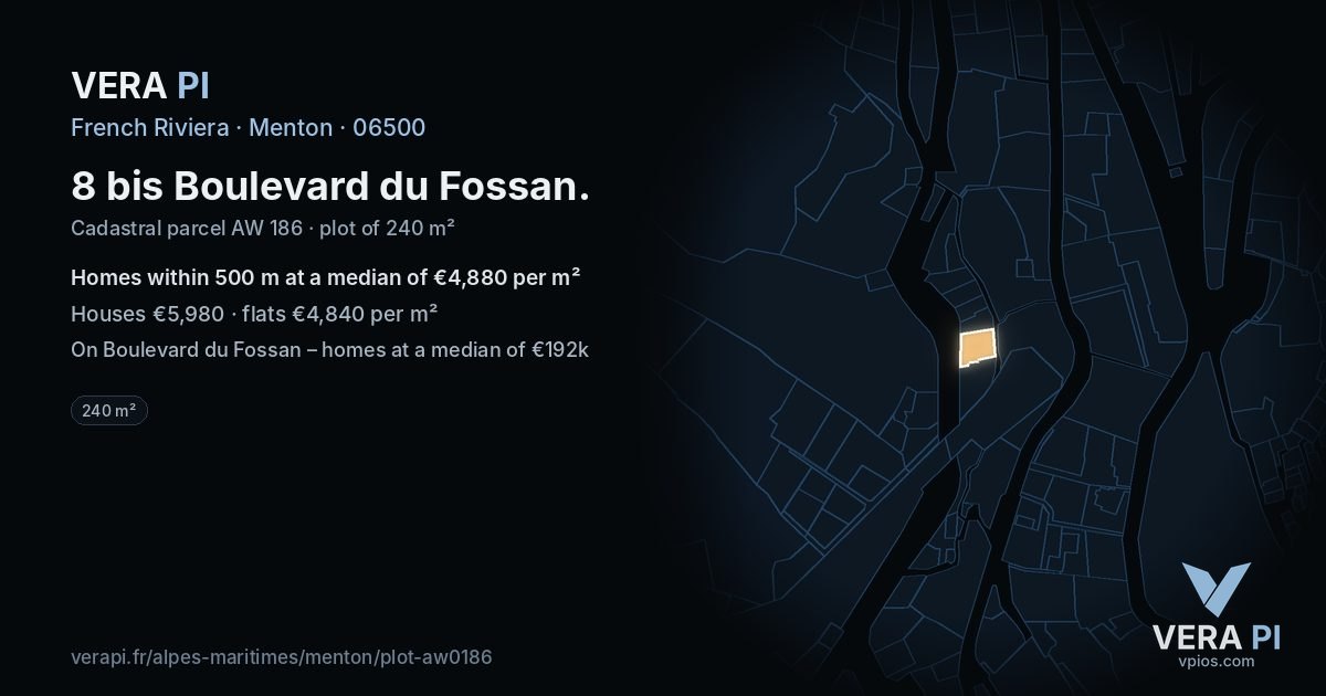 8 bis Boulevard du Fossan, Menton at night – the plot lit, the parcels around coloured by the prices near them