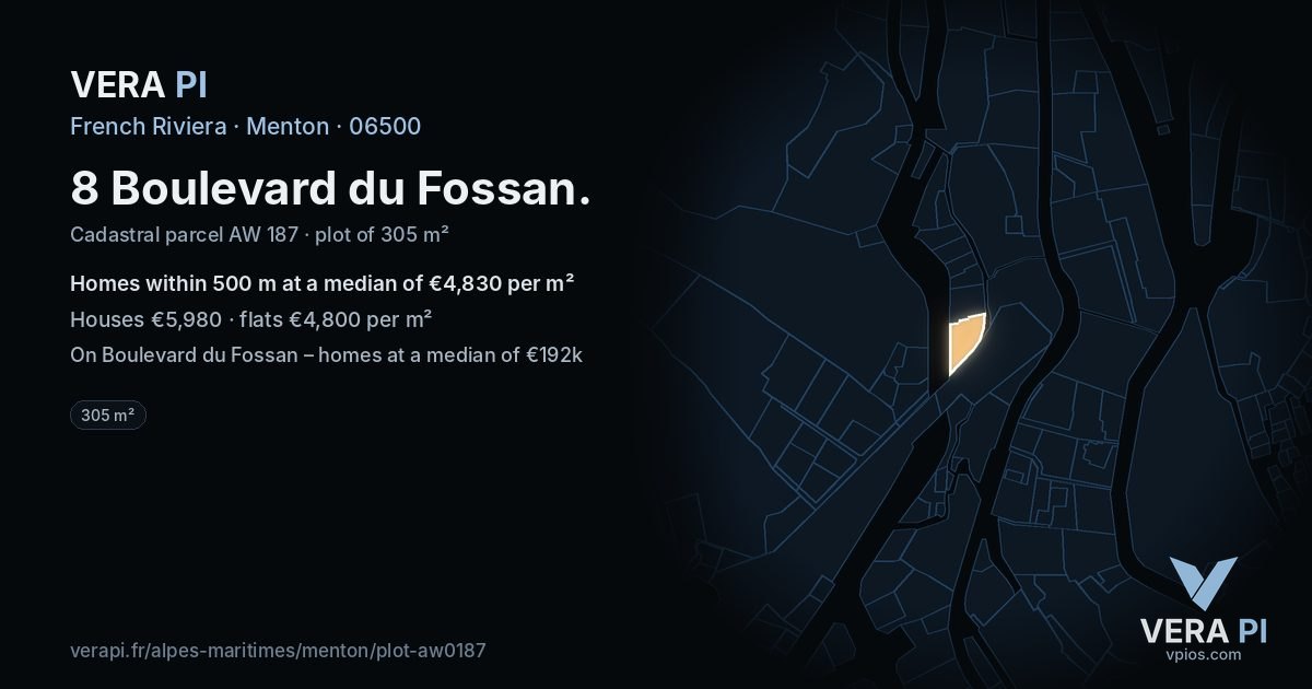 8 Boulevard du Fossan, Menton at night – the plot lit, the parcels around coloured by the prices near them
