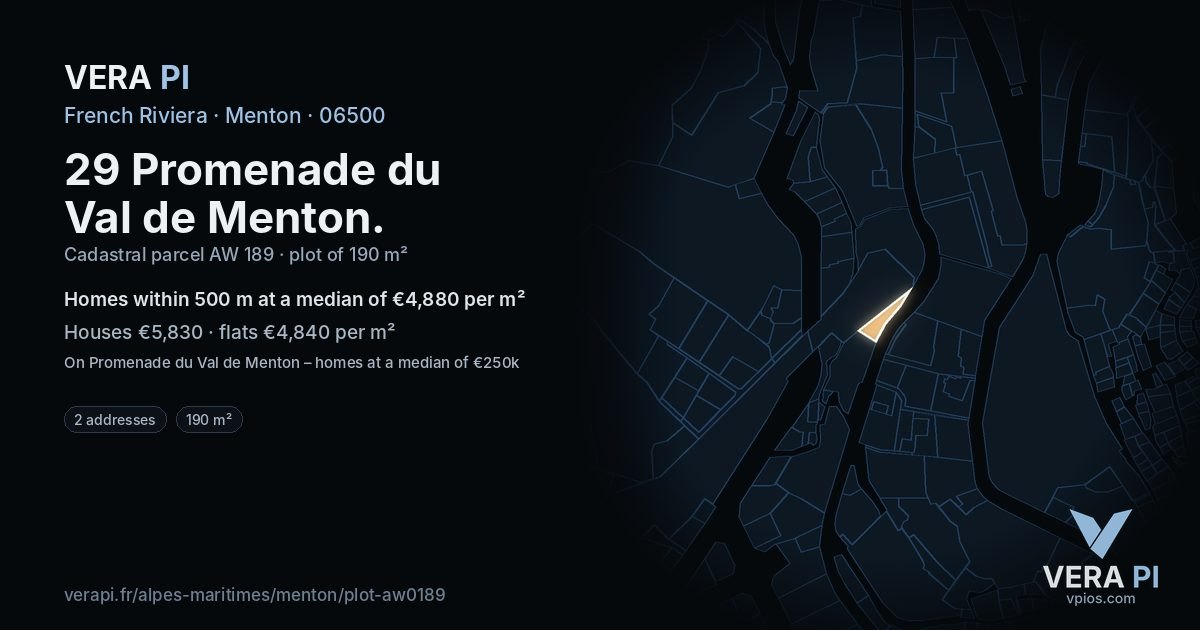 29 Promenade du Val de Menton, Menton at night – the plot lit, the parcels around coloured by the prices near them