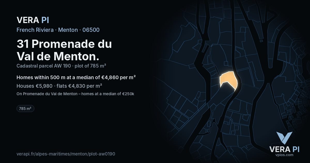 31 Promenade du Val de Menton, Menton at night – the plot lit, the parcels around coloured by the prices near them