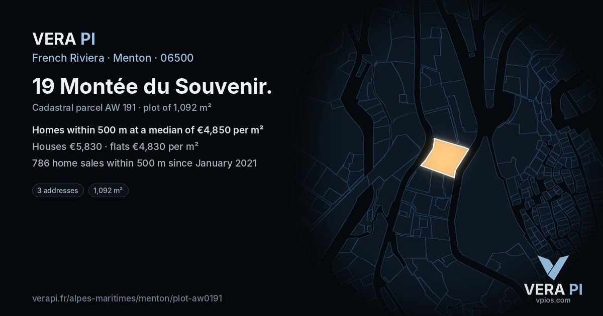 19 Montée du Souvenir, Menton at night – the plot lit, the parcels around coloured by the prices near them