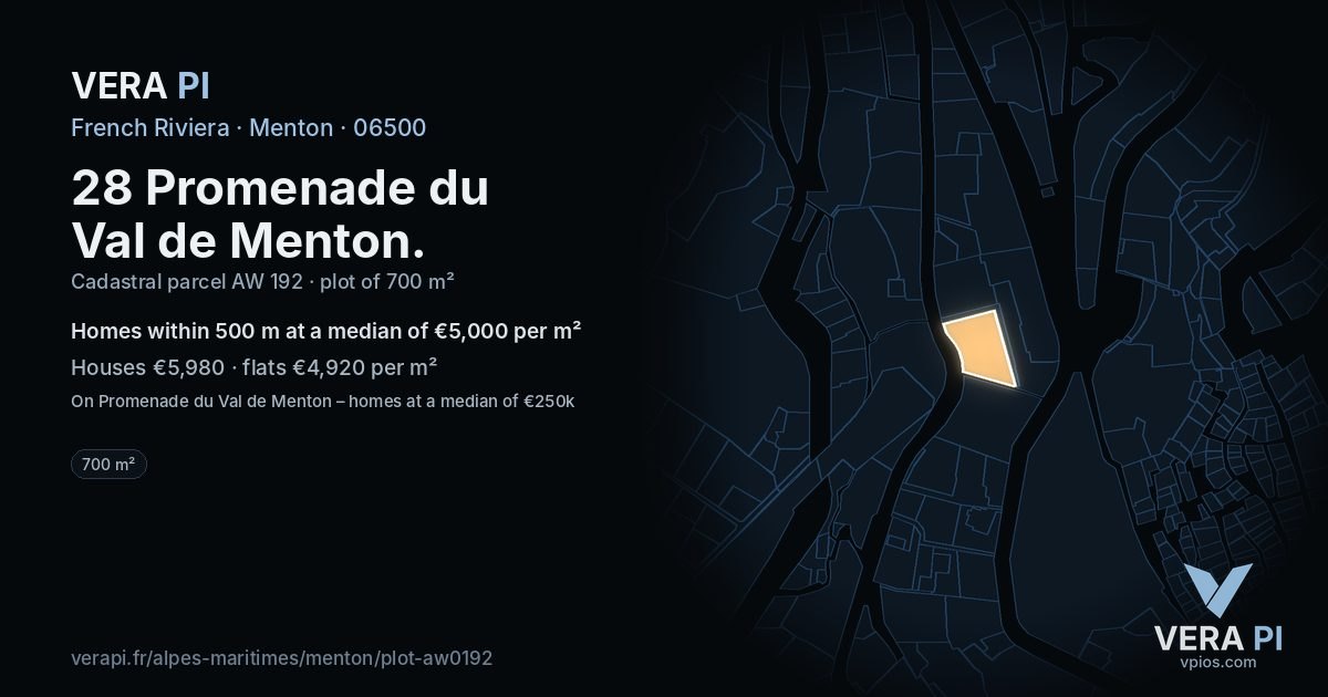 28 Promenade du Val de Menton, Menton at night – the plot lit, the parcels around coloured by the prices near them