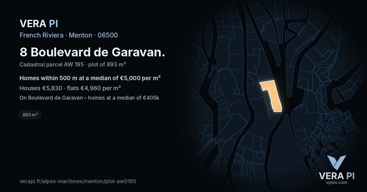 8 Boulevard de Garavan, Menton at night – the plot lit, the parcels around coloured by the prices near them