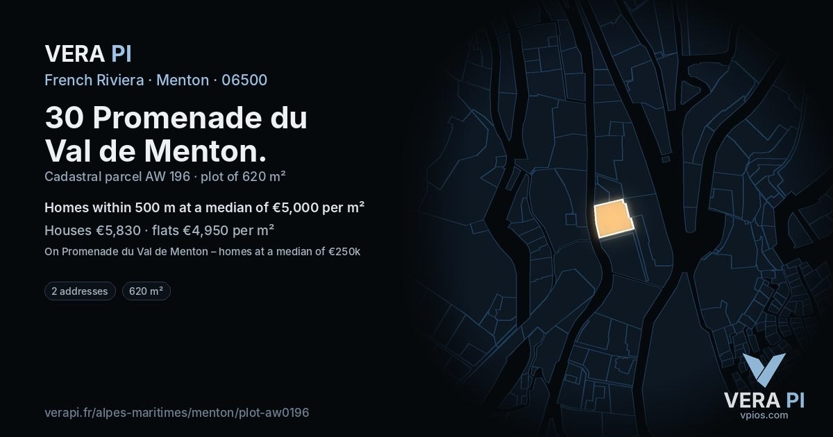 30 Promenade du Val de Menton, Menton at night – the plot lit, the parcels around coloured by the prices near them