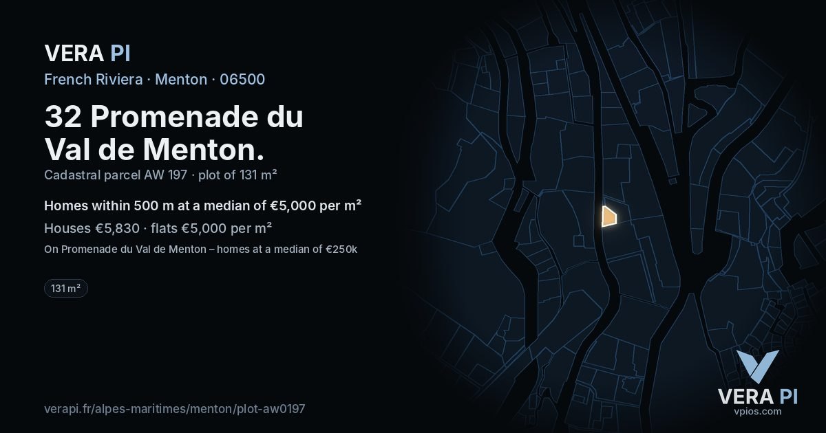 32 Promenade du Val de Menton, Menton at night – the plot lit, the parcels around coloured by the prices near them