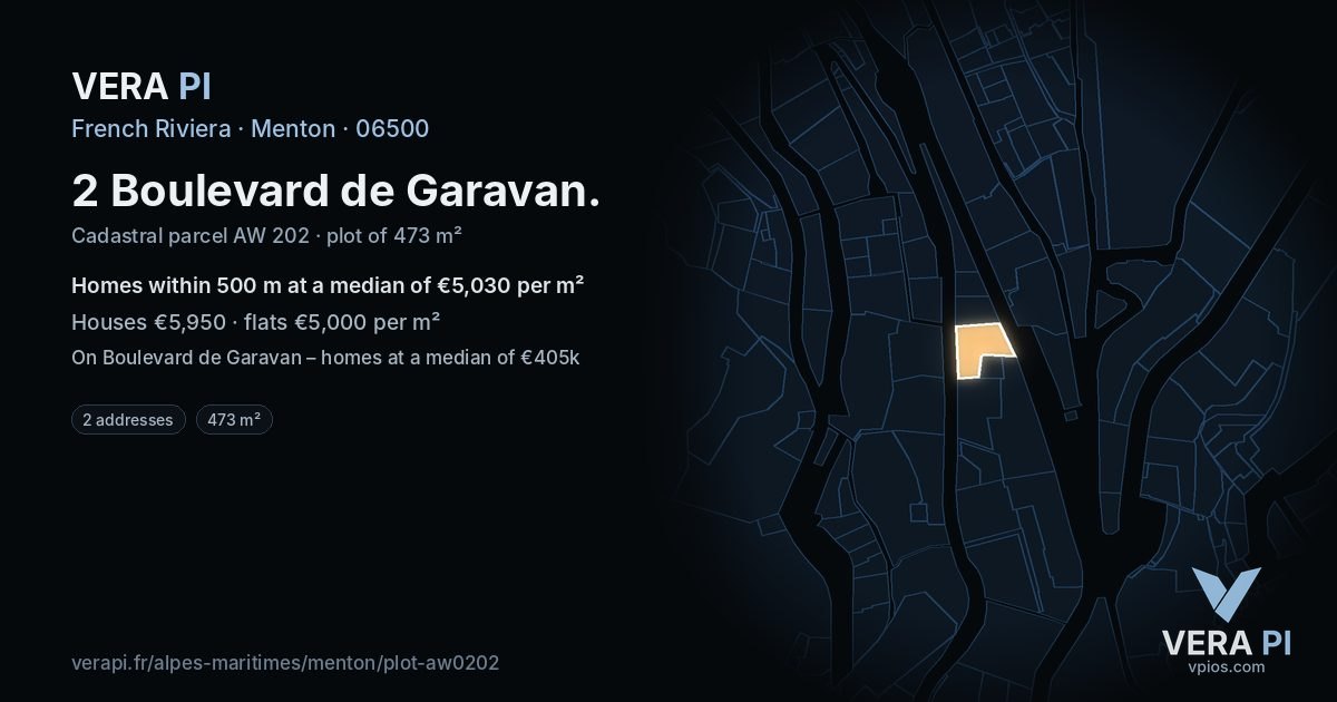 2 Boulevard de Garavan, Menton at night – the plot lit, the parcels around coloured by the prices near them