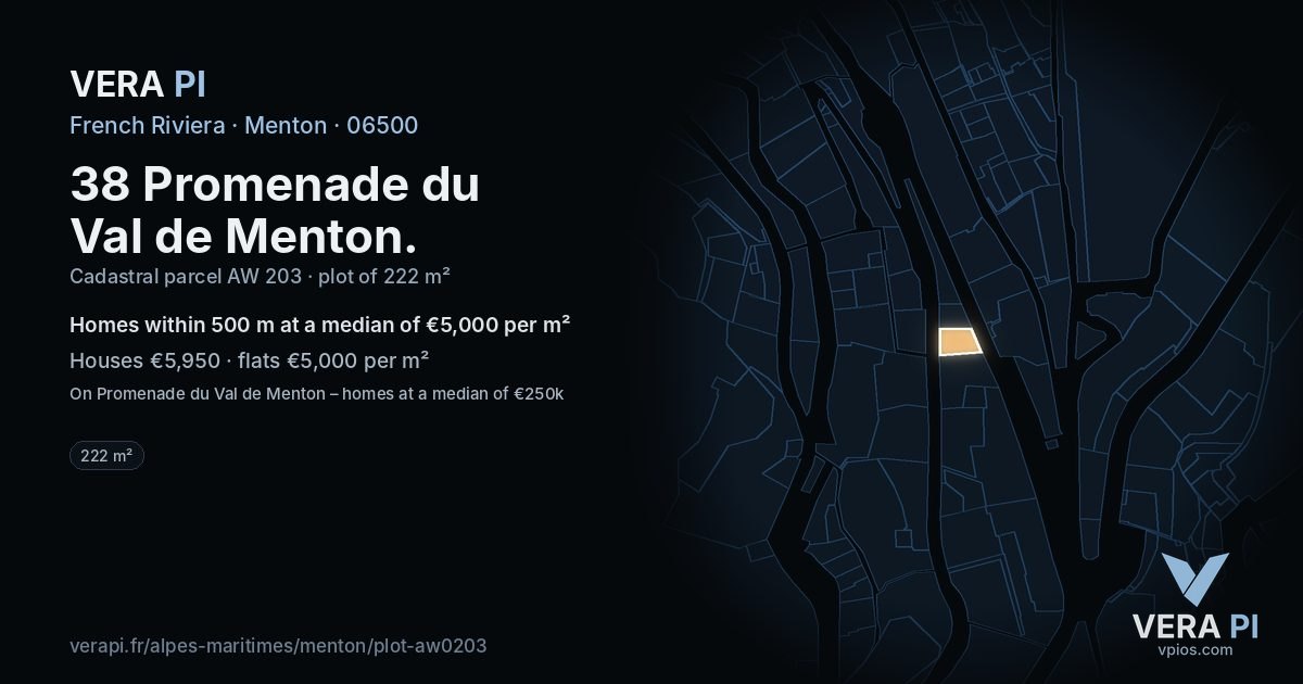 38 Promenade du Val de Menton, Menton at night – the plot lit, the parcels around coloured by the prices near them
