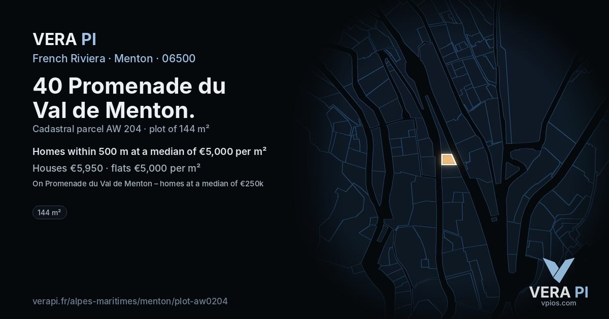 40 Promenade du Val de Menton, Menton at night – the plot lit, the parcels around coloured by the prices near them