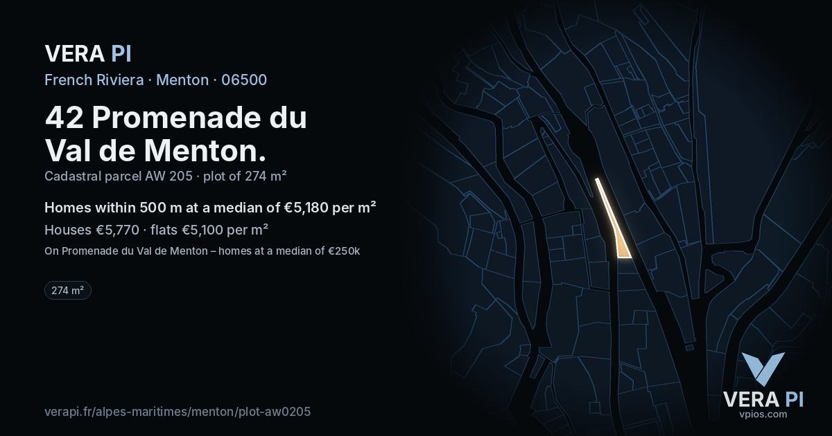 42 Promenade du Val de Menton, Menton at night – the plot lit, the parcels around coloured by the prices near them