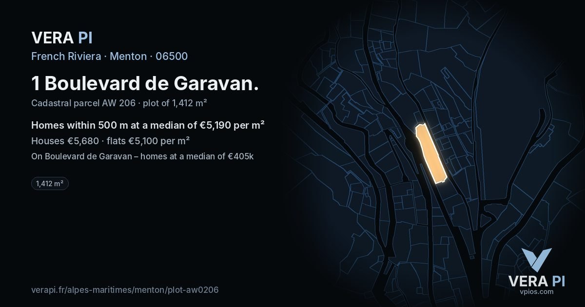 1 Boulevard de Garavan, Menton at night – the plot lit, the parcels around coloured by the prices near them