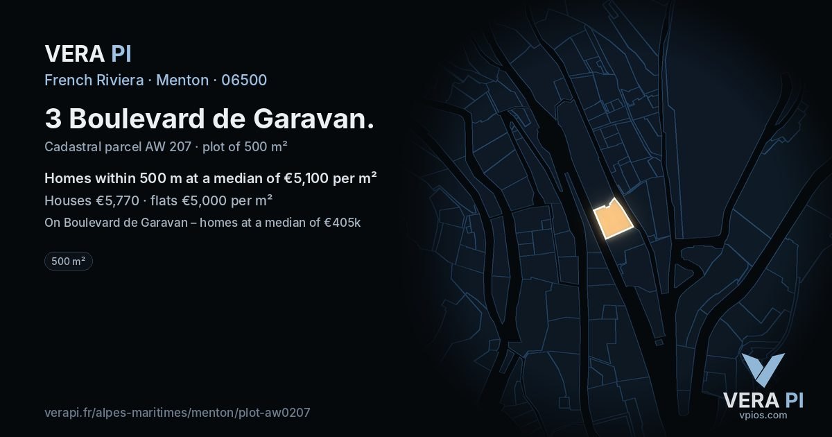 3 Boulevard de Garavan, Menton at night – the plot lit, the parcels around coloured by the prices near them