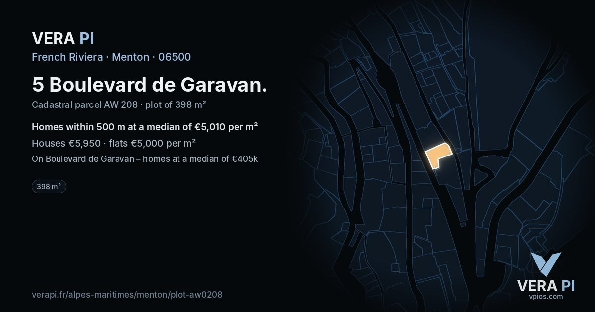 5 Boulevard de Garavan, Menton at night – the plot lit, the parcels around coloured by the prices near them