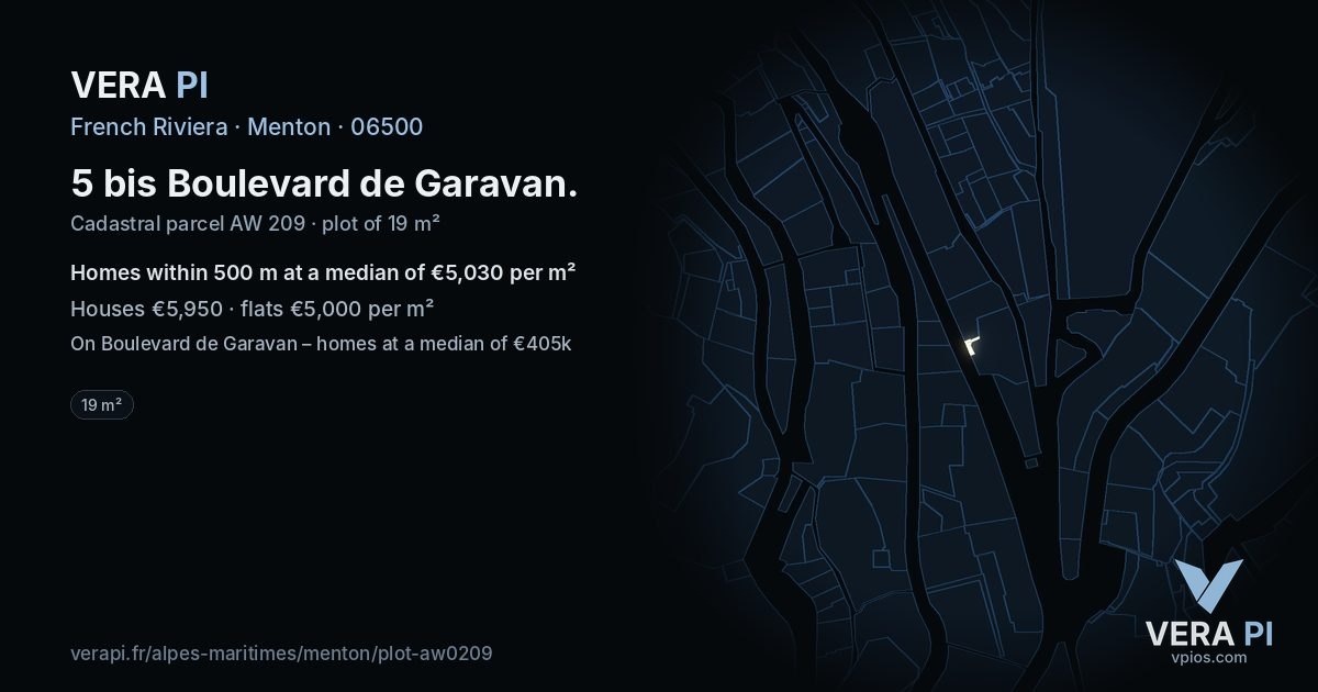 5 bis Boulevard de Garavan, Menton at night – the plot lit, the parcels around coloured by the prices near them