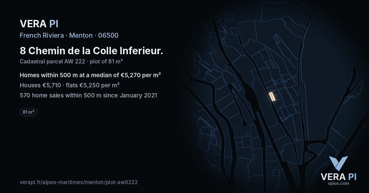 8 Chemin de la Colle Inferieur, Menton at night – the plot lit, the parcels around coloured by the prices near them