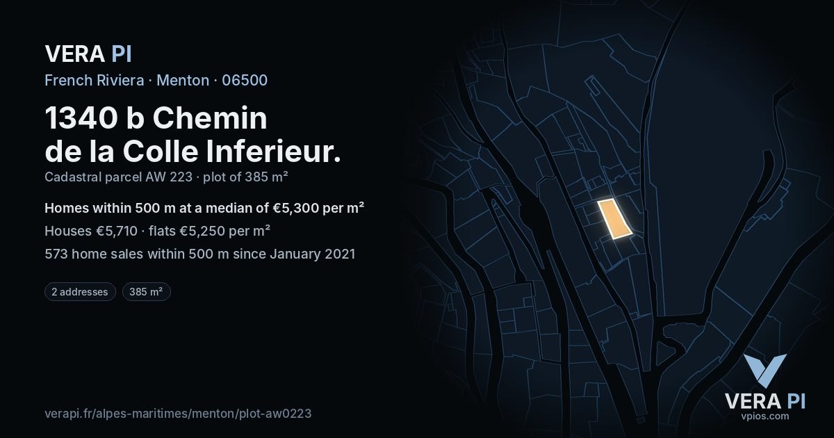 1340 b Chemin de la Colle Inferieur, Menton at night – the plot lit, the parcels around coloured by the prices near them