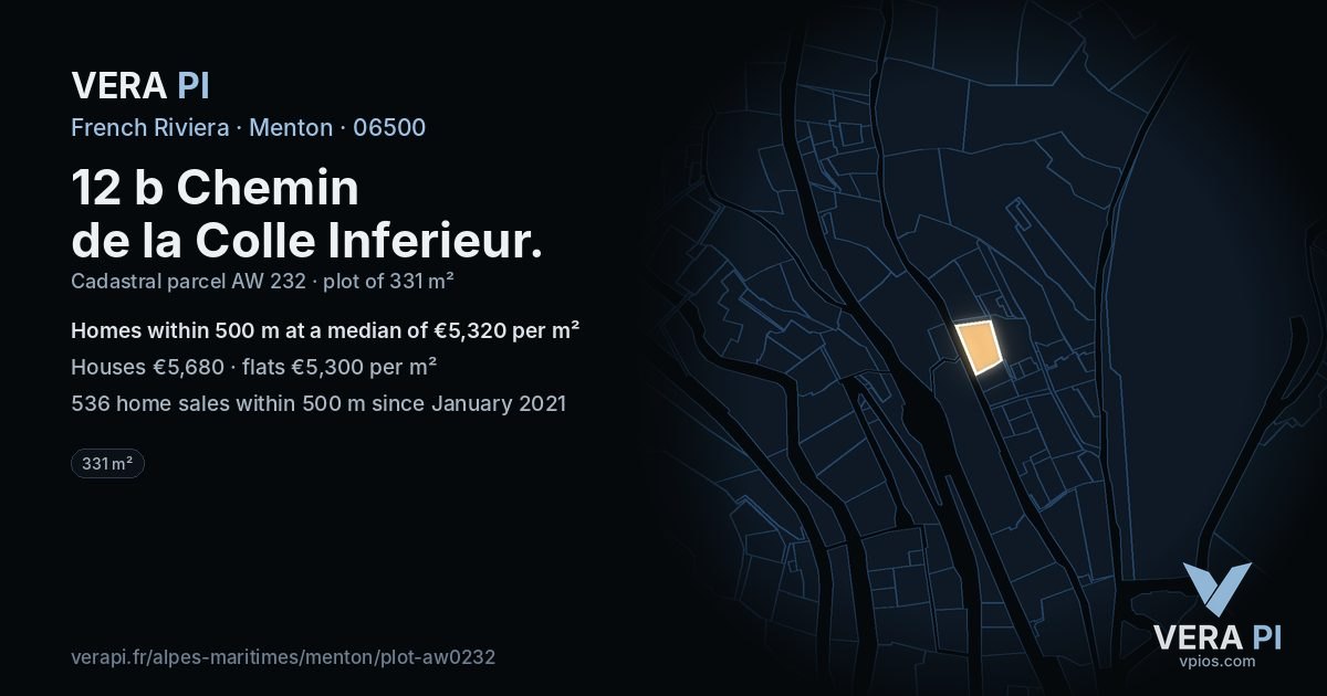 12 b Chemin de la Colle Inferieur, Menton at night – the plot lit, the parcels around coloured by the prices near them