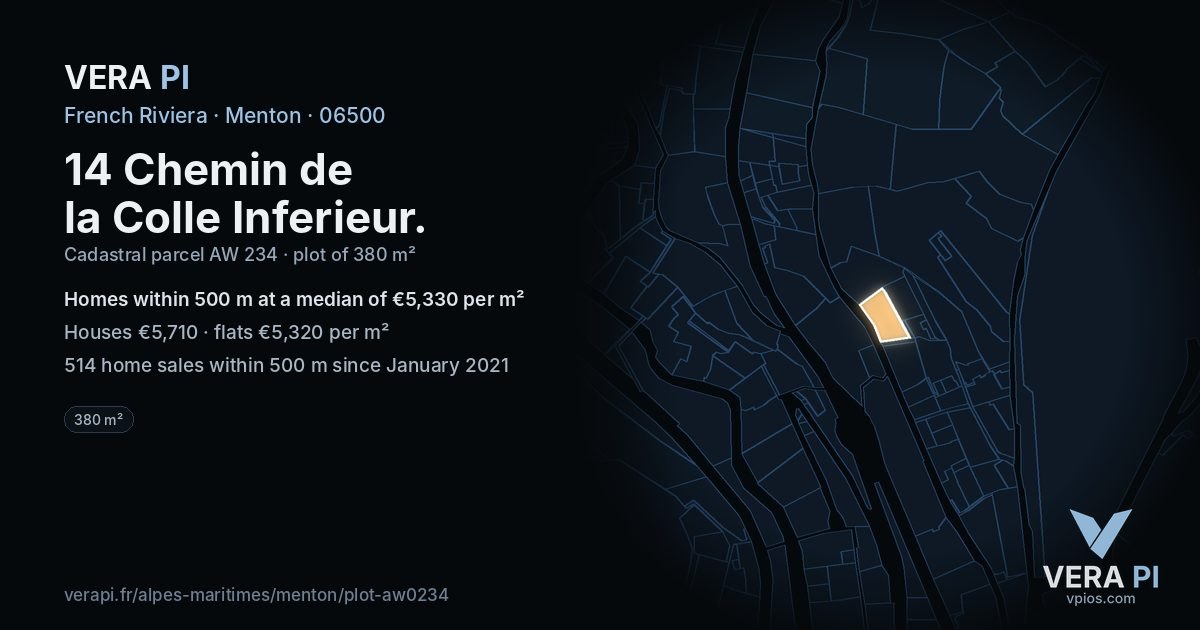 14 Chemin de la Colle Inferieur, Menton at night – the plot lit, the parcels around coloured by the prices near them