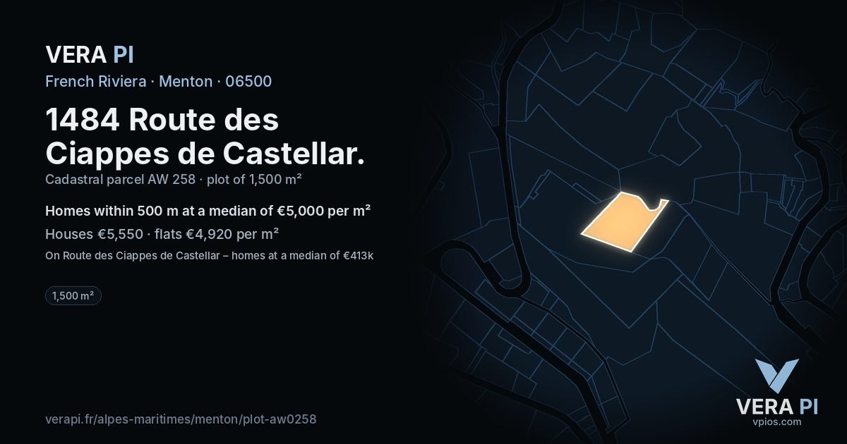 1484 Route des Ciappes de Castellar, Menton at night – the plot lit, the parcels around coloured by the prices near them