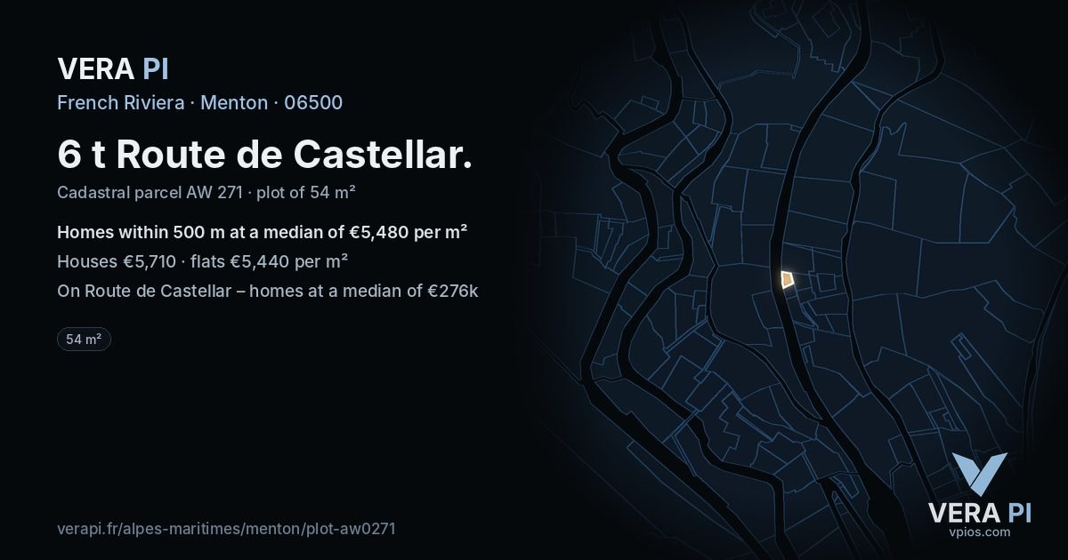 6 t Route de Castellar, Menton at night – the plot lit, the parcels around coloured by the prices near them