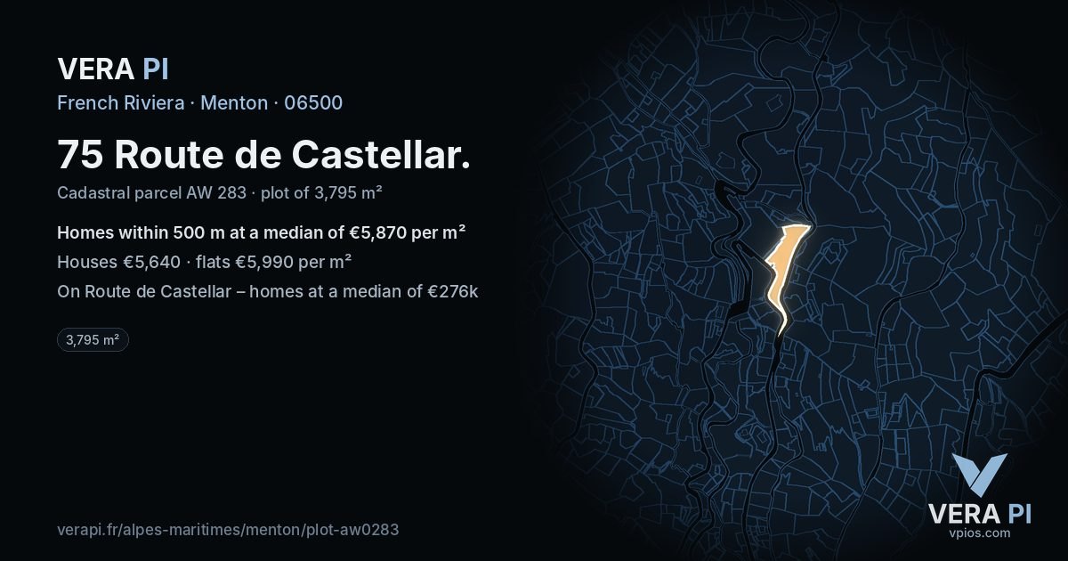 75 Route de Castellar, Menton at night – the plot lit, the parcels around coloured by the prices near them