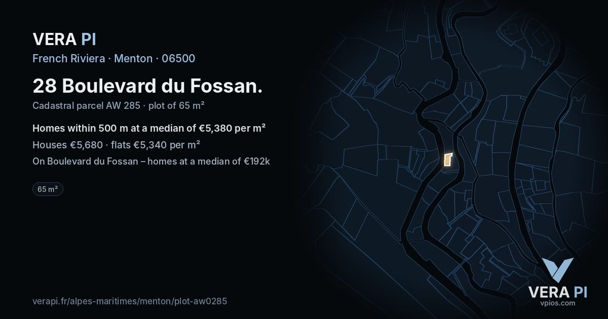 28 Boulevard du Fossan, Menton at night – the plot lit, the parcels around coloured by the prices near them