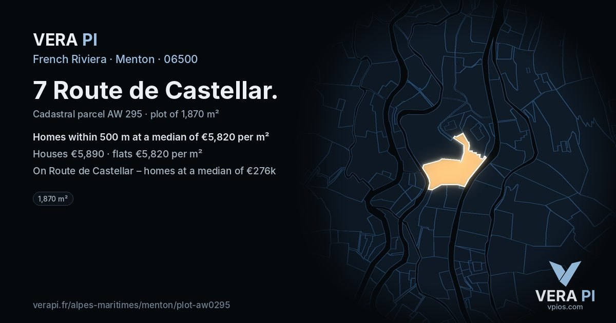 7 Route de Castellar, Menton at night – the plot lit, the parcels around coloured by the prices near them