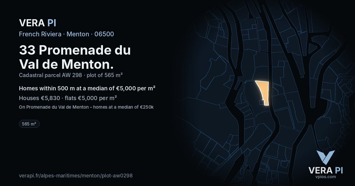 33 Promenade du Val de Menton, Menton at night – the plot lit, the parcels around coloured by the prices near them