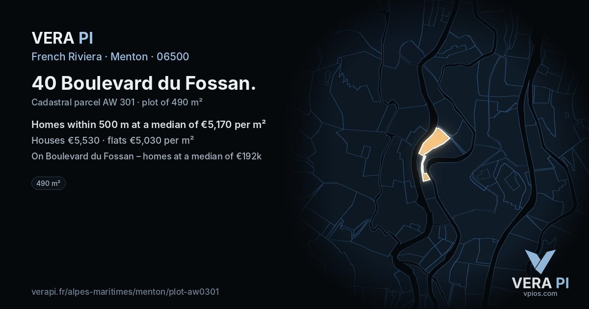 40 Boulevard du Fossan, Menton at night – the plot lit, the parcels around coloured by the prices near them