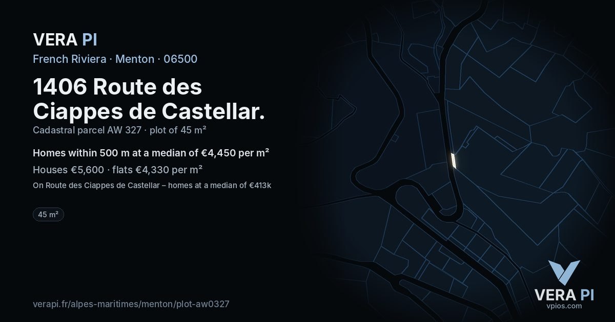 1406 Route des Ciappes de Castellar, Menton at night – the plot lit, the parcels around coloured by the prices near them