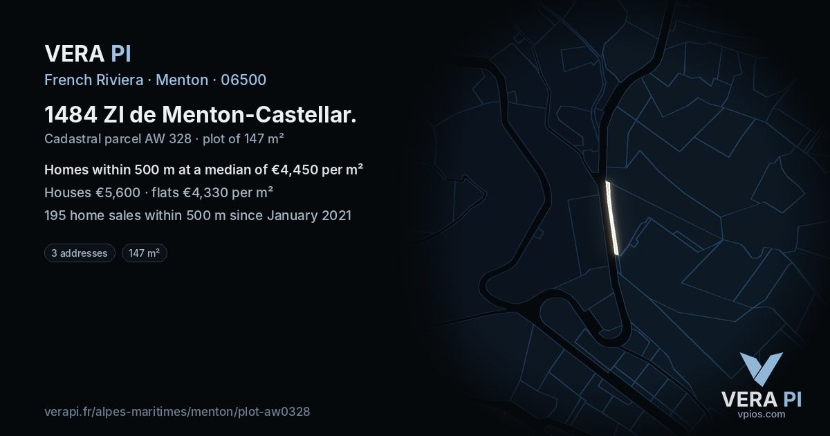 1484 ZI de Menton-Castellar, Menton at night – the plot lit, the parcels around coloured by the prices near them