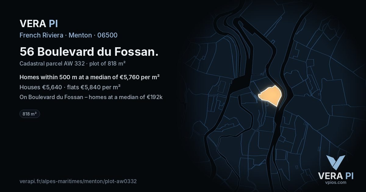 56 Boulevard du Fossan, Menton at night – the plot lit, the parcels around coloured by the prices near them