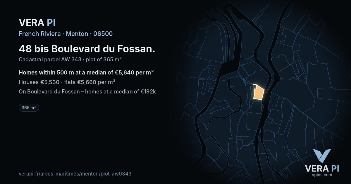 48 bis Boulevard du Fossan, Menton at night – the plot lit, the parcels around coloured by the prices near them