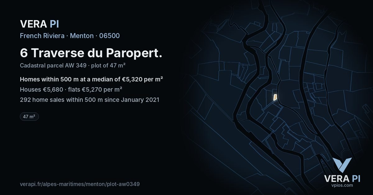 6 Traverse du Paropert, Menton at night – the plot lit, the parcels around coloured by the prices near them