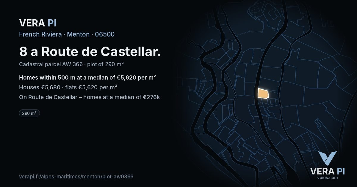 8 a Route de Castellar, Menton at night – the plot lit, the parcels around coloured by the prices near them