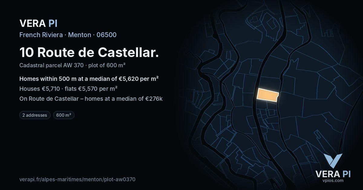 10 Route de Castellar, Menton at night – the plot lit, the parcels around coloured by the prices near them