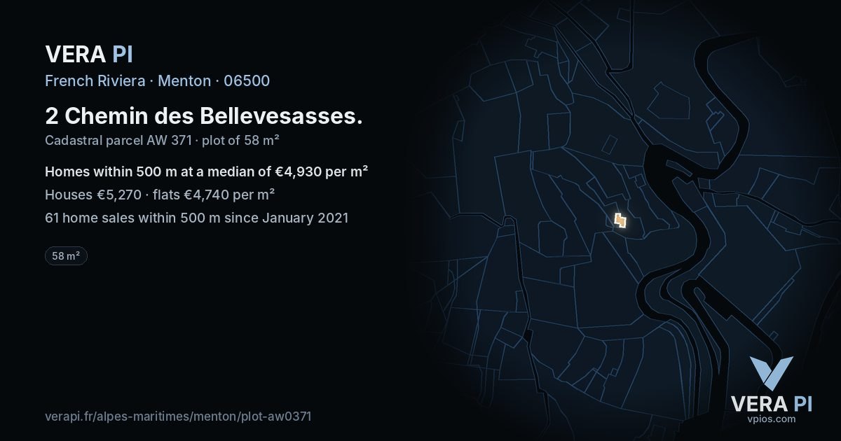 2 Chemin des Bellevesasses, Menton at night – the plot lit, the parcels around coloured by the prices near them