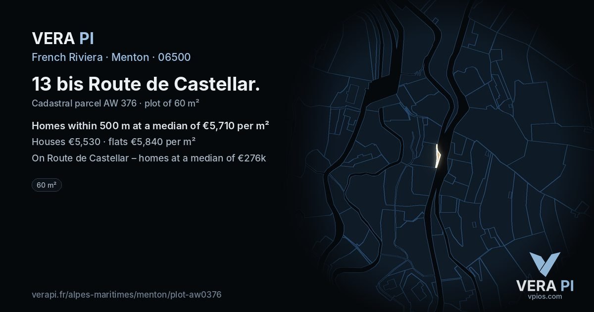 13 bis Route de Castellar, Menton at night – the plot lit, the parcels around coloured by the prices near them