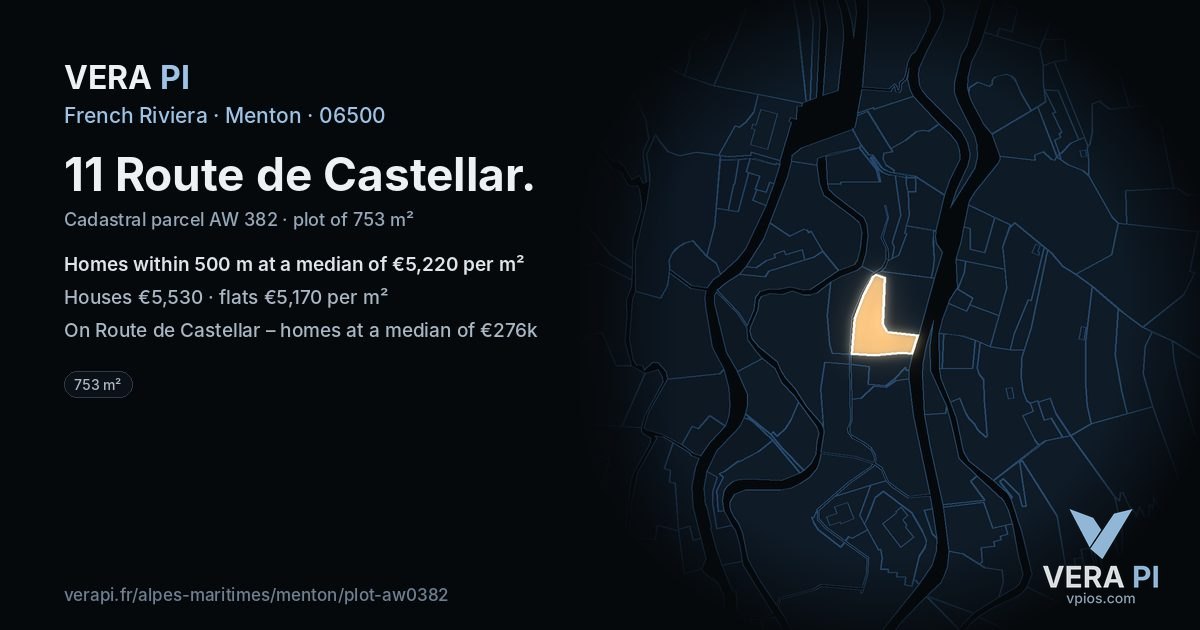 11 Route de Castellar, Menton at night – the plot lit, the parcels around coloured by the prices near them