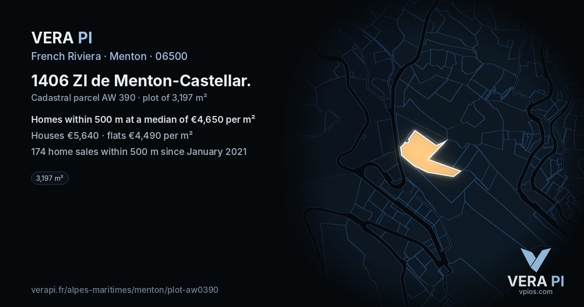 1406 ZI de Menton-Castellar, Menton at night – the plot lit, the parcels around coloured by the prices near them