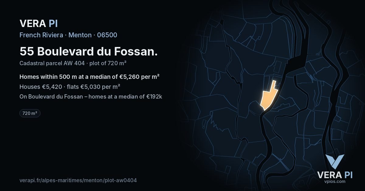 55 Boulevard du Fossan, Menton at night – the plot lit, the parcels around coloured by the prices near them