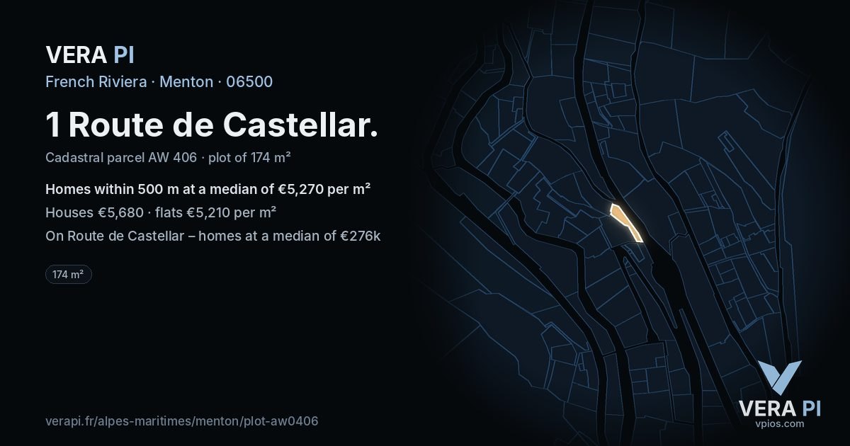 1 Route de Castellar, Menton at night – the plot lit, the parcels around coloured by the prices near them