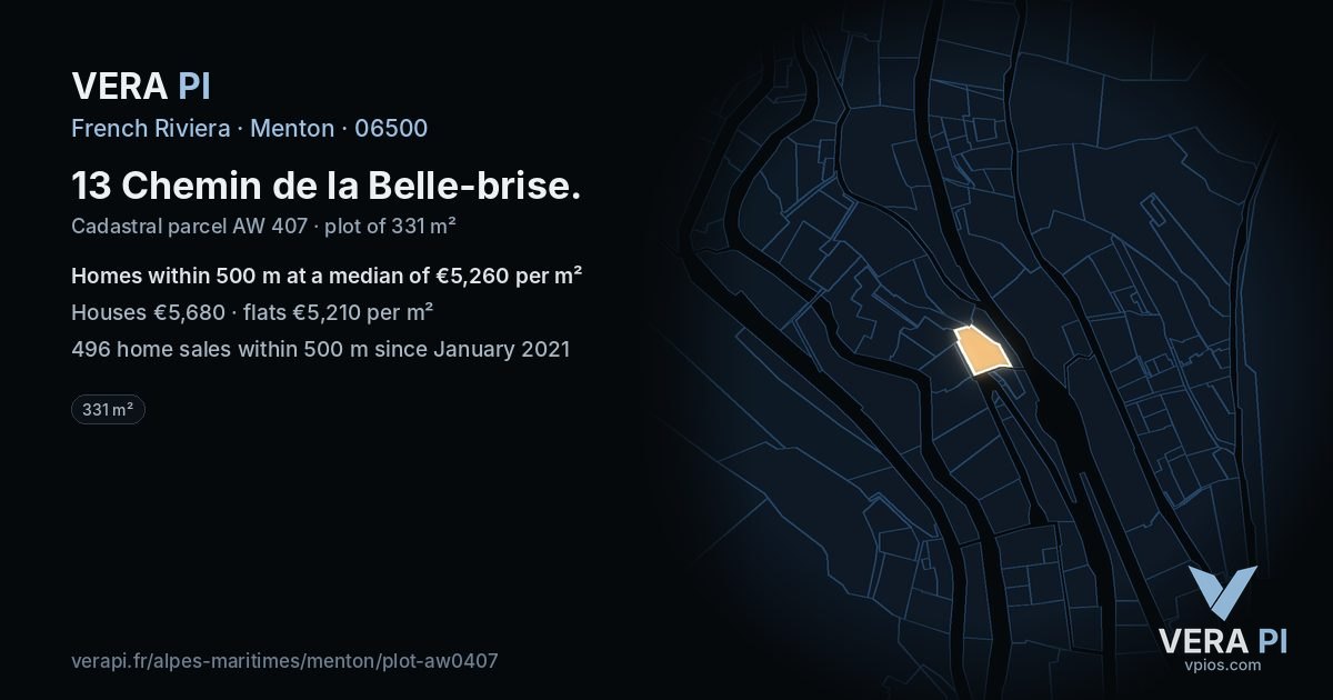13 Chemin de la Belle-brise, Menton at night – the plot lit, the parcels around coloured by the prices near them