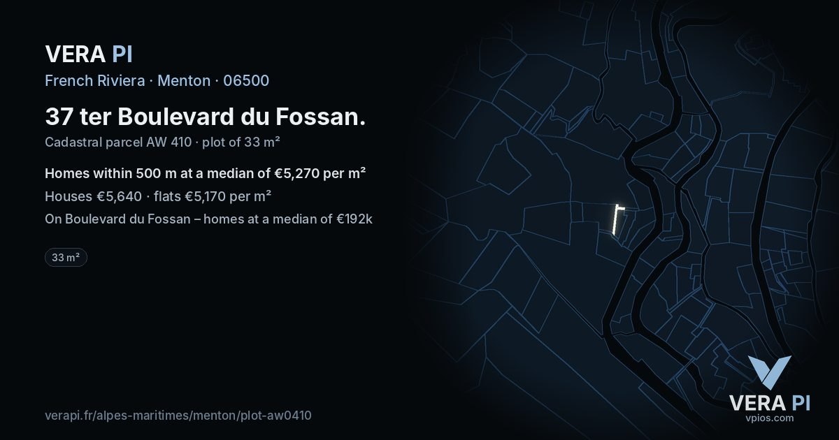 37 ter Boulevard du Fossan, Menton at night – the plot lit, the parcels around coloured by the prices near them