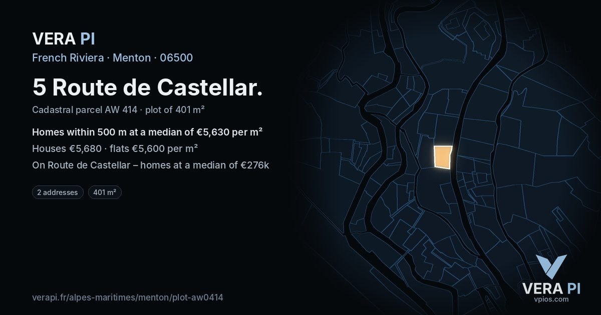 5 Route de Castellar, Menton at night – the plot lit, the parcels around coloured by the prices near them
