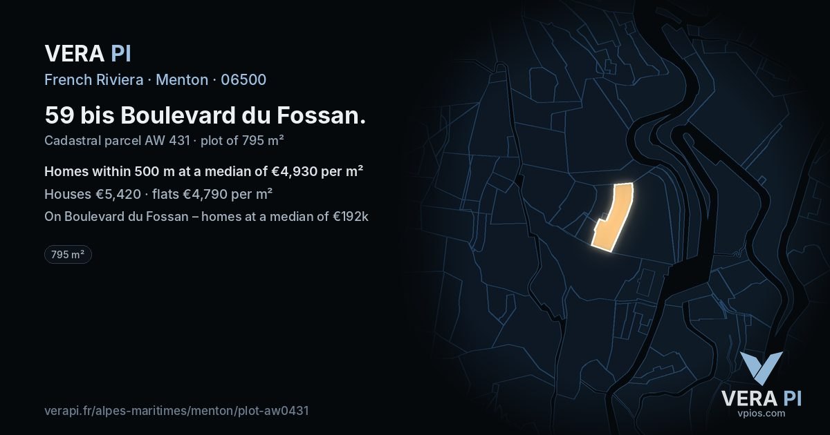 59 bis Boulevard du Fossan, Menton at night – the plot lit, the parcels around coloured by the prices near them