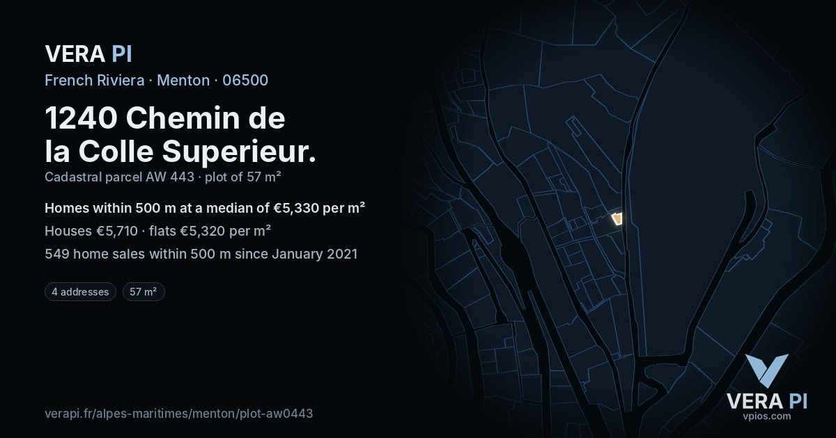 1240 Chemin de la Colle Superieur, Menton at night – the plot lit, the parcels around coloured by the prices near them