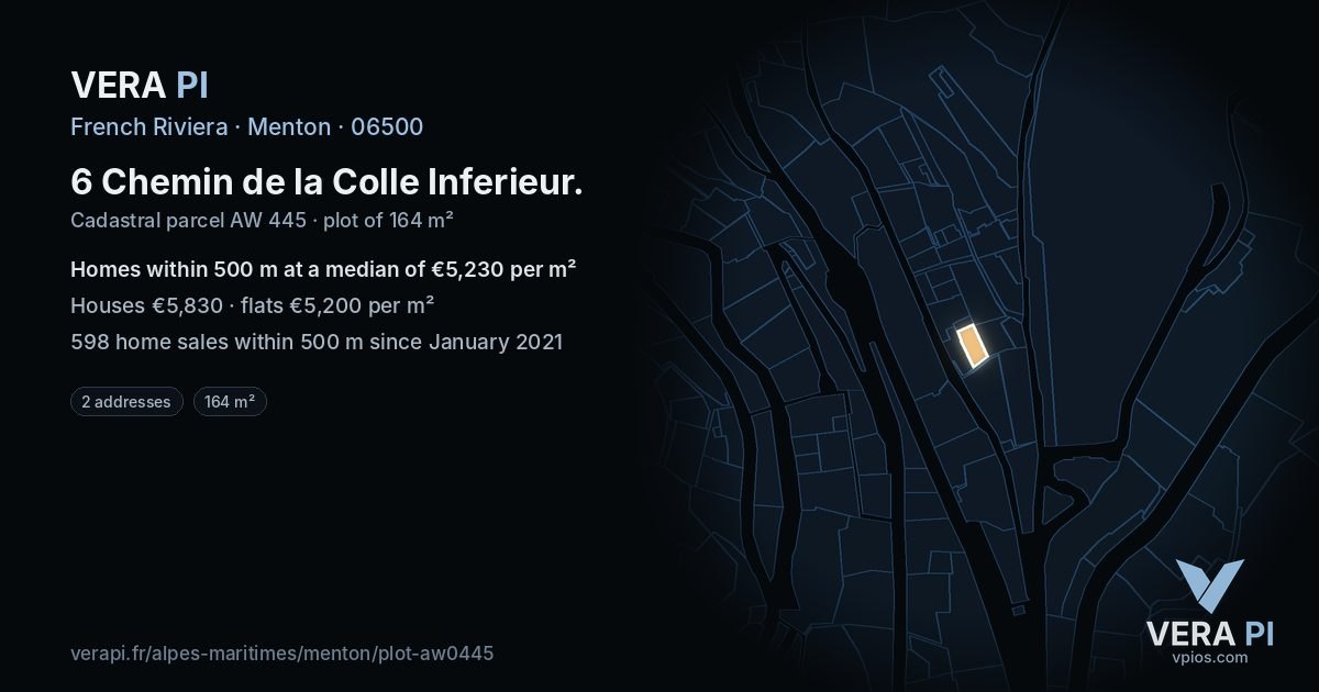 6 Chemin de la Colle Inferieur, Menton at night – the plot lit, the parcels around coloured by the prices near them