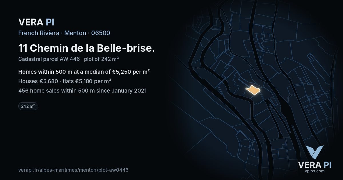 11 Chemin de la Belle-brise, Menton at night – the plot lit, the parcels around coloured by the prices near them