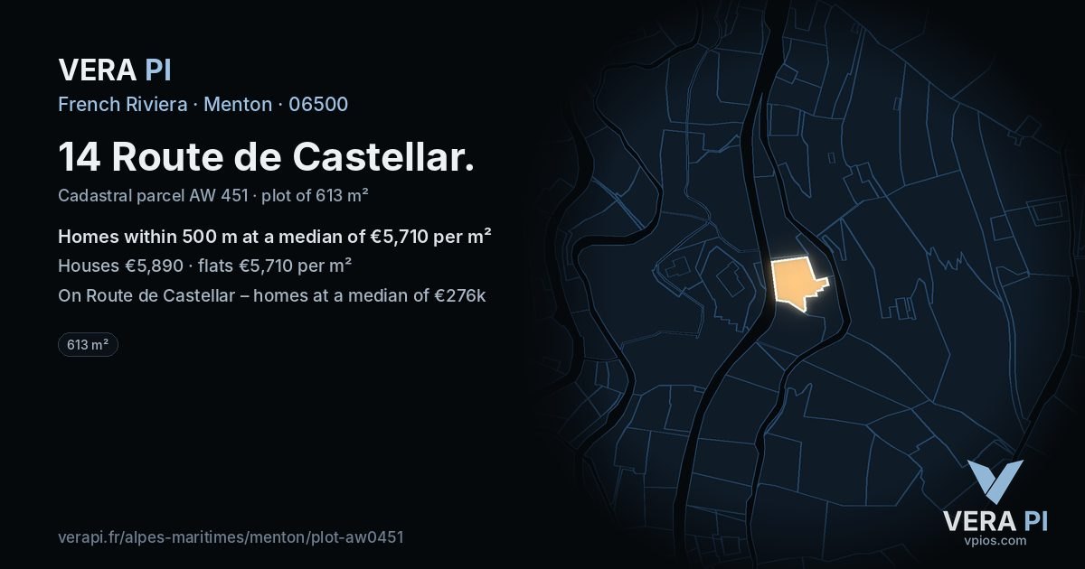 14 Route de Castellar, Menton at night – the plot lit, the parcels around coloured by the prices near them